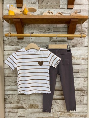 Ays Bebe Aysbebe Kalp Nakışlı Çizgili Tişört + Tayt Buzi Kumaş Takım