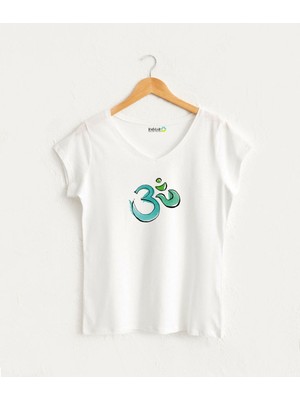 Suluboya Om Sembollü Kadın V Yaka %100 Pamuklu Yoga Tasarım T-Shirt