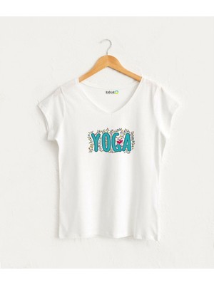 Çiçekli Yoga Yazılı Kadın V Yaka %100 Pamuklu Tasarım T-Shirt