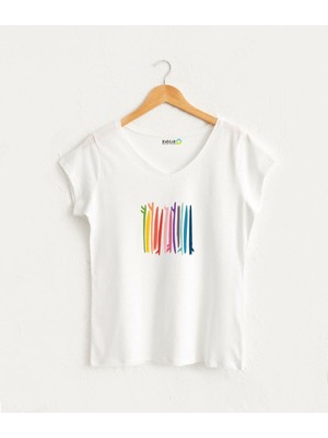Renkli Sörf Görselli Kadın V Yaka %100 Pamuklu Tasarım T-Shirt