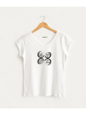 Dört Element Görselli Kadın V Yaka %100 Pamuklu Tasarım T-Shirt