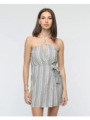 Kuşaklı Çizgili Mini Keten Elbise
