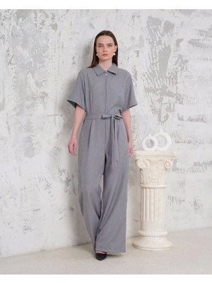 Kuşaklı Gömlek Yaka Salaş Tulum Gri S255822