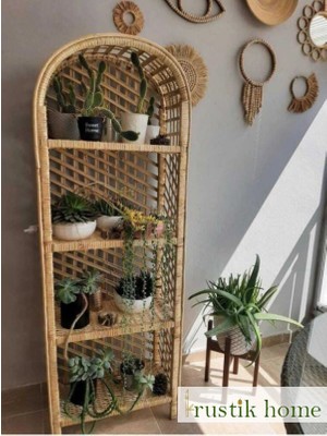 El Yapımı Hasır Örme Banyo Mutfak Balkon Teras Salon Rafı Kitaplık Çiçeklik 4 Kat Dekoratif Erzak Dolab