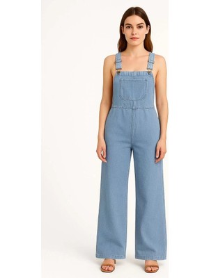 Kadın Chambray Açık Mavi Denim Görünümlü Geniş Paça Salopet Tulum - Mavi