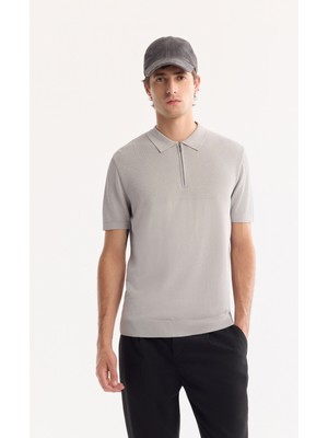 AVVA Erkek Gri Polo Yaka Fermuarlı Rayon Tüylenmeyen Triko Regular Fit T-Shirt A52Y5006