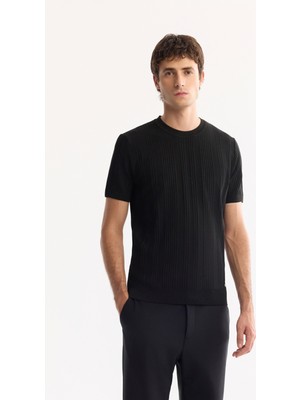 AVVA Erkek Siyah Bisiklet Yaka Çizgili Triko Regular Fit T-Shirt A52Y5005