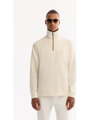 AVVA Erkek Ekru Dik Yaka Fermuarlı Soft Touch Baskılı Regular Fit Sweatshirt A52Y1273