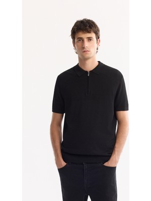 AVVA Erkek Siyah Polo Yaka Fermuarlı Rayon Tüylenmeyen Triko Regular Fit T-Shirt A52Y5006