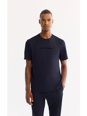 AVVA Erkek Lacivert Bisiklet Yaka Viskon Karışımlı Bi-Stretch Baskılı Regular Fit T-Shirt A52Y1014