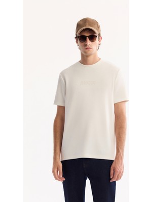 AVVA Erkek Ekru Bisiklet Yaka Viskon Karışımlı Bi-Stretch Baskılı Regular Fit T-Shirt A52Y1018