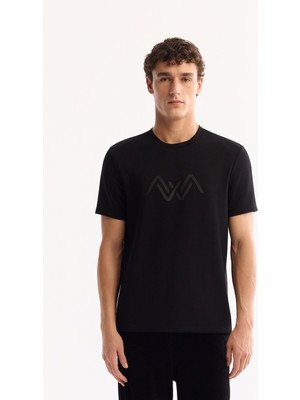 AVVA Erkek Siyah Bisiklet Yaka Viskon Karışımlı Bi-Stretch Baskılı Regular Fit T-Shirt A52Y1016