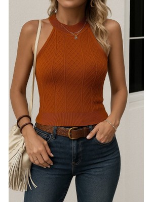 Aknbutik Kadın Kolsuz Halter Yaka Mini Baklava Desenli Triko Bluz