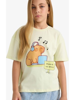 DeFacto Relax Fit Bisiklet Yaka Baskılı Kısa Kollu Tişört Kız Çocuk F9723A825HS