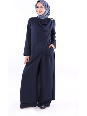 Tek Omuz Gold Toka Detaylı Tunik Pantolon Takım 8698 Lacivert