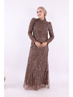 Taşlı Abiye 7143 Kahverengi