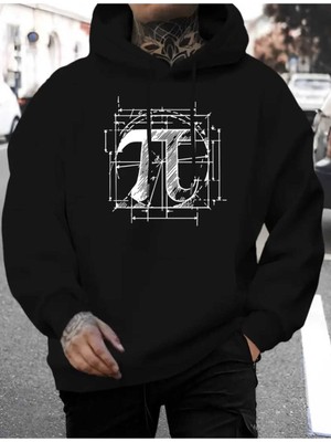 Pi Sayısı Baskılı Kapüşonlu Cepli Pamuklu Siyah Sweatshirt
