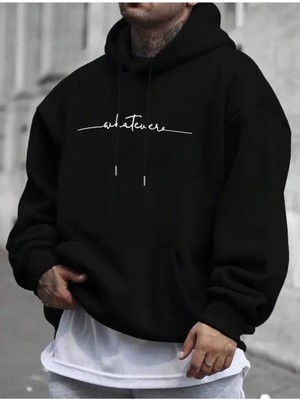 Whatever Baskılı Kapüşonlu Cepli Pamuklu Siyah Sweatshirt