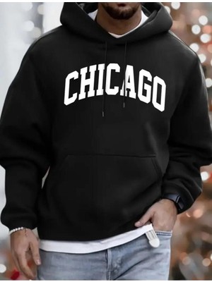 Chıcago Baskılı Unisex 2 Iplik Şardonlu Kapüşonlu Cepli Sweatshirt