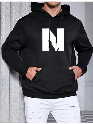 N Harfli Desenli Efsane Ürün  2 Iplik Şardonlu Kapüşonlu Cepli Sweatshirt