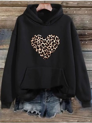 Leopar Basklı Kapüşonlu Cepli 2 Iplik Şardonlu Içi Yünlü Yumuşacık Sweatshirt