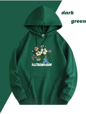 All Things Grow Baskılı Kapüşonlu Cepli Içi Yünlü Yeşil Sweatshirt