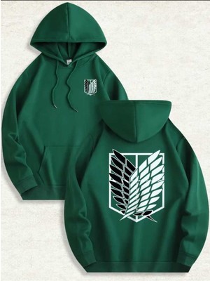 Aot Keşif Birliği Arka Göğüs Baskılı Kapüşonlu Cepli Içi Yünlü Yeşil Sweatshirt
