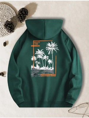 Vacation Mood Desenli  2 Iplik Şardonlu Cepli Kapüşonlu Sweatshırt