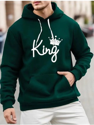 King Desenli Içi Yünlü 2 Iplik Şardonlu Kapüşonlu Cepli Sweatshirt