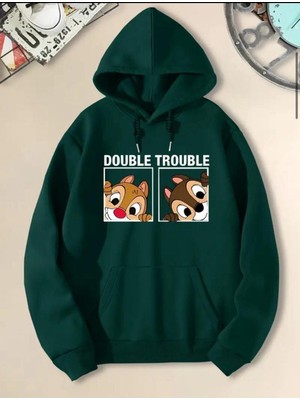 Double Trouple Baskılı  2 Iplik Şardonlu Cepli Kapüşonlu Sweatshırt