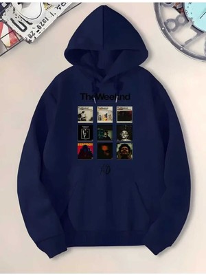 The Weekend Albümleri Baskılı Kapüşonlu Cepli Içi Yünlü Lacivert Sweatshirt