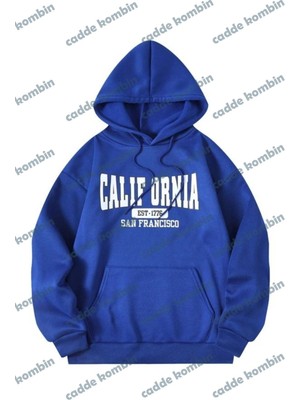 Califor Ornia 1776 Sweatshirt - Sax Mavi Baskılı Oversize Kışlık Kalın