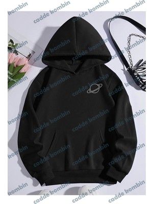 Unisex Siyah Saturn Grafik Baskılı Kapşonlu