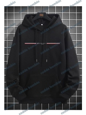 Unisex Siyah Paris Baskılı Kapşonlu Oversize