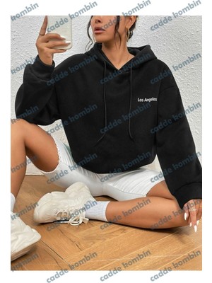Unisex Siyah Los Angeles Baskılı Oversize Kapşonlu