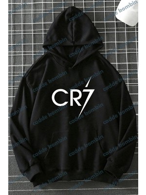 Unisex Siyah Cr7 Ön Baskılı Kapüşonlu