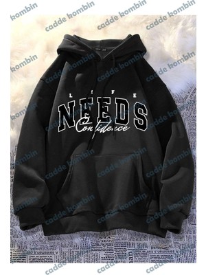 Unisex Siyah Needs Baskılı Kapüşonlu Oversize