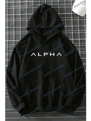 Unisex Siyah Alpha Baskılı Kapşonlu
