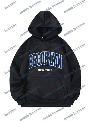 Unisex Brooklyn Newyork Baskılı Polar Kapüşonlu