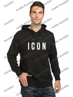 Unisex Siyah Icon Göğüs Baskılı Kapşonlu