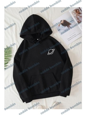 Unisex Satürn Baskılı Oversize Kapşonlu
