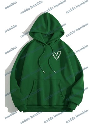 Unisex Yeşil Kalp Baskılı Oversize Kapşonlu