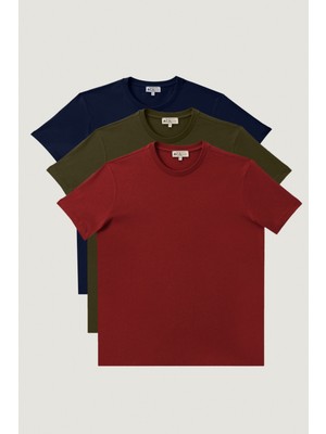 AC&Co / Altınyıldız Classics Erkek Bordo-lacı-hakı Slim Fit Dar Kesim Bisiklet Yaka 3'lü %100 Pamuk Tişört Paketi