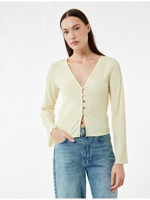 Düğmeli Uzun Kollu V Yaka Slim Fit Bluz