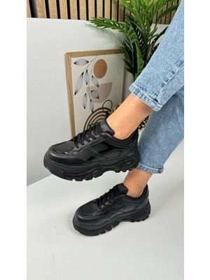 Günlük Kadın Sneaker Kalın Yüksek Taban Bağcıklı Rahat Tiger Şeritli Spor Ayakkabı 032