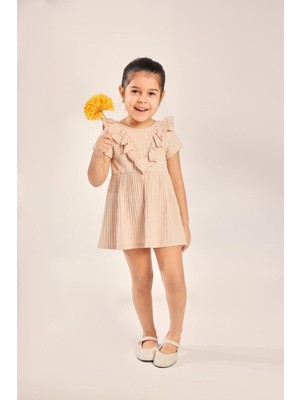 Luess Kız Çocuk %100 Pamuklu Fırfırlı V Yaka Elbise