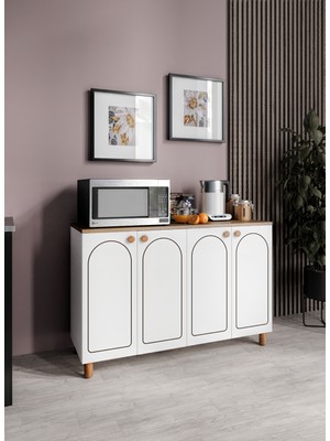 Stella Çok Amaçlı Bohem Dolap, 4 Kapaklı Bohem Kiler Mutfak Dolabı Beyaz, Bohem Konsol