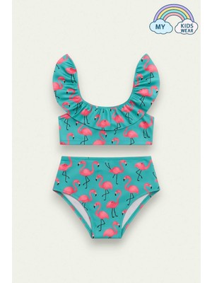 Kız Çocuk Fırfırlı Baskılı Yüksek Bel Mayo Takımı 3-10 Yaş 12029