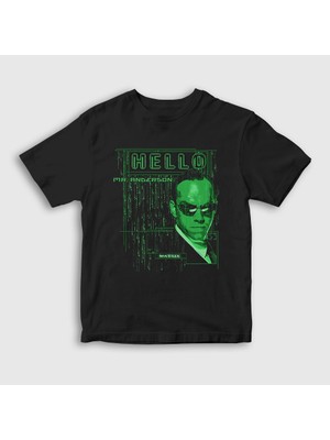 Presmono Unisex Çocuk Siyah Agent Smith Hello Film The Matrix T-Shirt