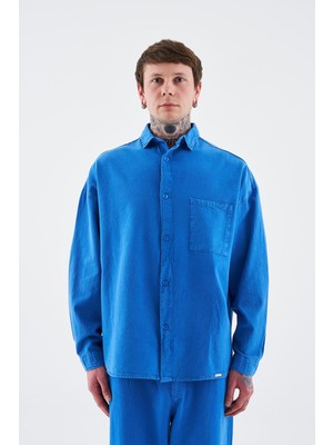 Erkek Effected Yıkamalı Basic Uzun Kollu Soft Mavi Gömlek